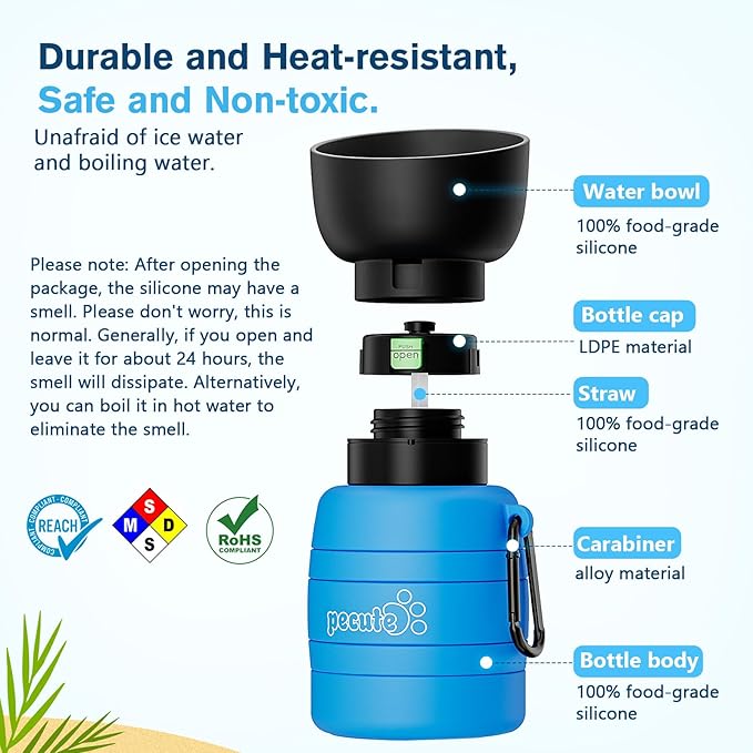 Pecute Dog Water Bottle Portable, 29oz Dog Foldable Water Bottle with Folding Bowl, Carabiner Clip, 5 Levels Capacity, 100% Food Grade Silicone, Dog Water Bottle for Outdoor Walking, Hiking, Travel