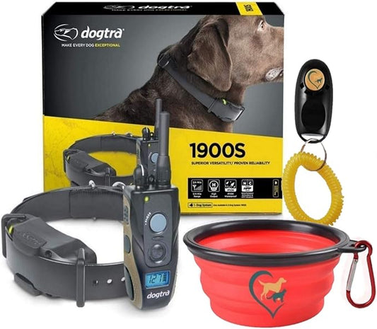 Dogtra 1900S Remote Dog Training Collar - 3/4 Mile Range, Waterproof, Rechargeable, Vibration - includes Essential Pet Products Dog Training Clicker and Collapsible Food and Water Bowl