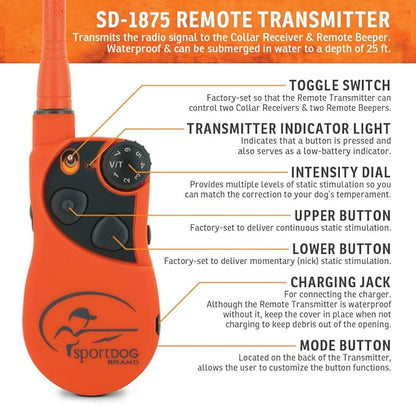 SportDOG Brand UplandHunter 1875 Remote Trainer with Beeper- 1 Mile Range- Waterproof, Rechargeable Dog Training and Tracking Collar with Tone, Vibration, and Static- Beeper Audible up to 500 Yards