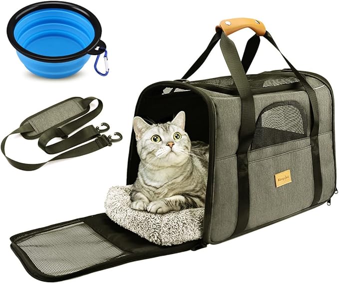Cat Carrier, Morpilot Dog Carrier Travel Bag Airline Approved Portable Pet Carrier for Small Medium Puppies with Adjustable Shoulder Strap/Removable Mat/Bowl (Max 15lbs, 17.3x12.2x13.4)