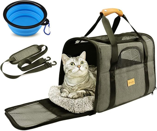 Cat Carrier, Morpilot Dog Carrier Travel Bag Airline Approved Portable Pet Carrier for Small Medium Puppies with Adjustable Shoulder Strap/Removable Mat/Bowl (Max 15lbs, 17.3x12.2x13.4)