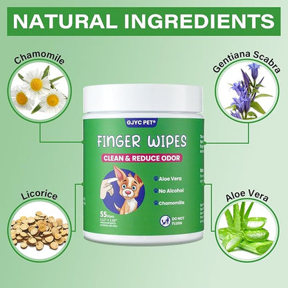 𝐆𝐉𝐘𝐂 𝐏𝐄𝐓 Ear Finger Wipes for Dogs & Cats - Natural Ingredients Gently Remove Ear Wax, Debris - Soothes & Deodorizes - Relieve Ear Itching & Inflammation with Aloe, 55 Count