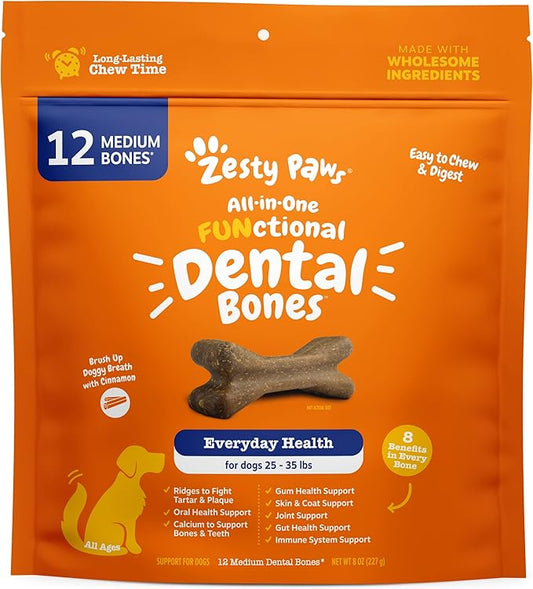 Zesty Paws Dental Bones - Fights Tartar & Plaque - Gum, Teeth & Bone Health - Cinnamon for Dog Breath - Immune, Joint, Gut, Skin & Coat Support - Omega 3 EPA & DHA and Calcium - Medium Dogs - 12 ct…