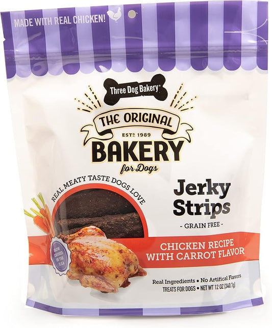 Three Dog Bakery From Our Kitchens Grain Free Meaty Filet Strips, Chicken with Carrots Flavor, Premium Treats for Dogs, 12 Ounce Resealable Pack