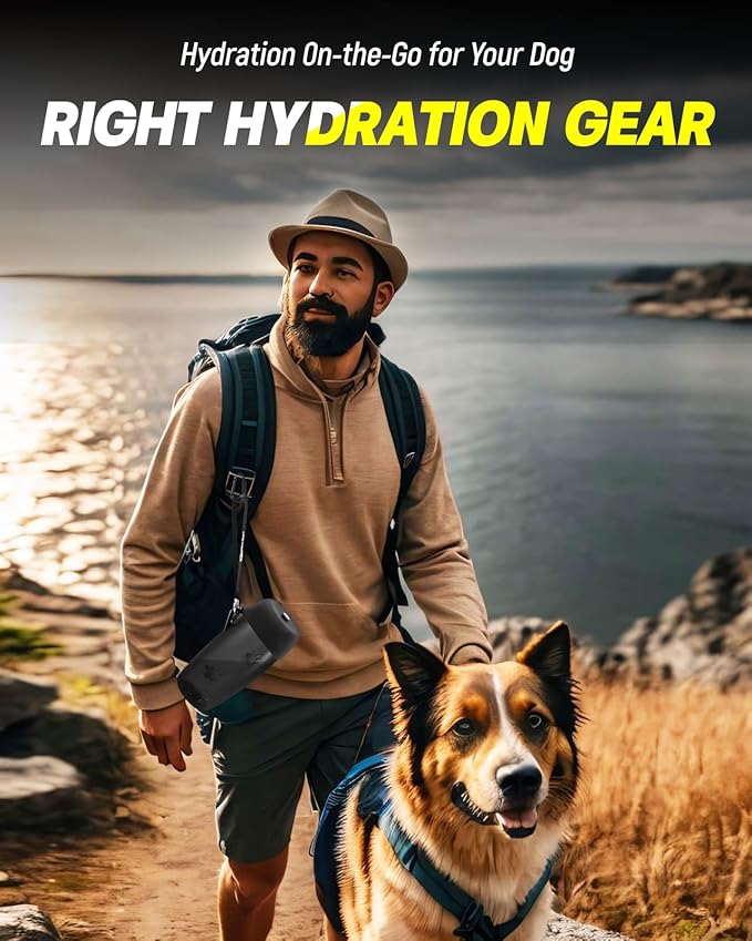 Dog Water Bottle Portable, 28oz Dog Travel Water Bottles, Patented, Leak-proof Pet Water Dispenser for Outdoor Walking, Hiking, Food Grade Silicone, Black