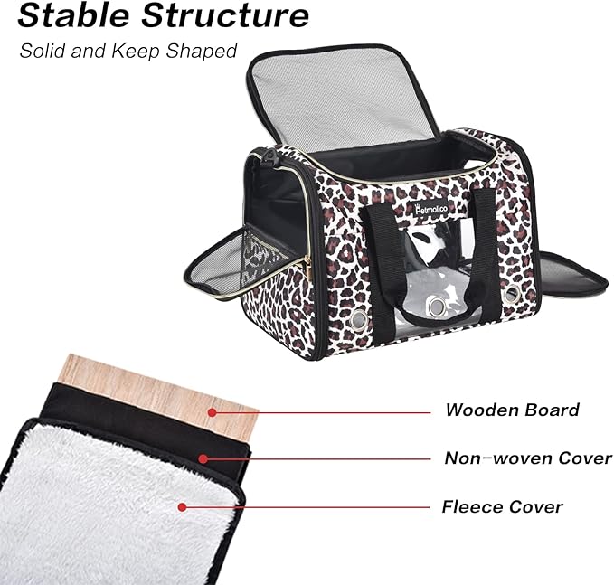 Petmolico Cat Carrier Dog Carrier, Airline Approved Soft Pet Travel Carrier with 3 Open Doors Mesh Windows for Cats Puppy 16 lbs, Leopard
