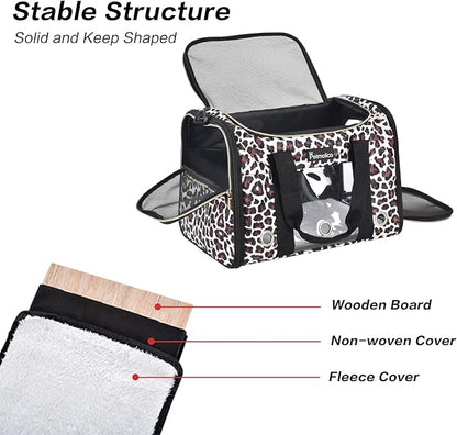 Petmolico Cat Carrier Dog Carrier, Airline Approved Soft Pet Travel Carrier with 3 Open Doors Mesh Windows for Cats Puppy 16 lbs, Leopard