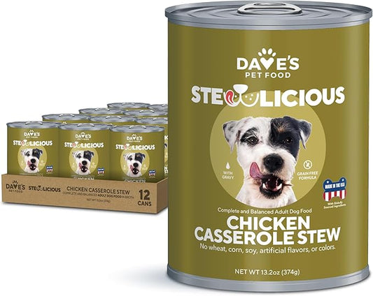 Dave's Pet Food Stewlicious Soft Dog Food Wet (Chicken Casserole), Made in USA Canned Dog Food, Added Vitamins & Minerals, Wheat & Gluten-Free, Small to Large Dogs 13.2 oz Cans (Case of 12)