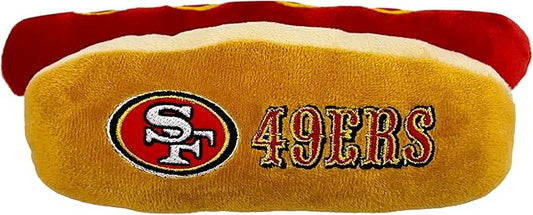 Pets First NFL SAN Francisco 49ERS HOT Dog Plush Dog & CAT Squeak Toy - Cutest HOT-Dog Snack Plush Toy for Dogs & Cats with Inner Squeaker & Beautiful Football Team Name/Logo, 8 x 5 x 3 Inches