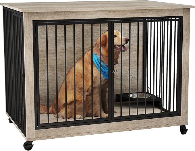 39" Dog Crate Furniture with Rotatable Bowls, Wooden Dog Crate End Table, Decorative Heavy Duty Dog Kennel Furniture Indoor with Double Doors 4 Wheels