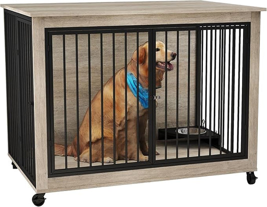 39" Dog Crate Furniture with Rotatable Bowls, Wooden Dog Crate End Table, Decorative Heavy Duty Dog Kennel Furniture Indoor with Double Doors 4 Wheels