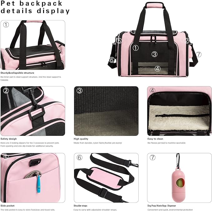 Cat Carrier Dog Carrier Pet Carrier Cat Bags for Small Medium Cats Dogs Puppies of 15 Lbs,of Airline Approved Small Dog Bag Soft Sided,Collapsible Travel Puppy Carrier (Medium, Pink)