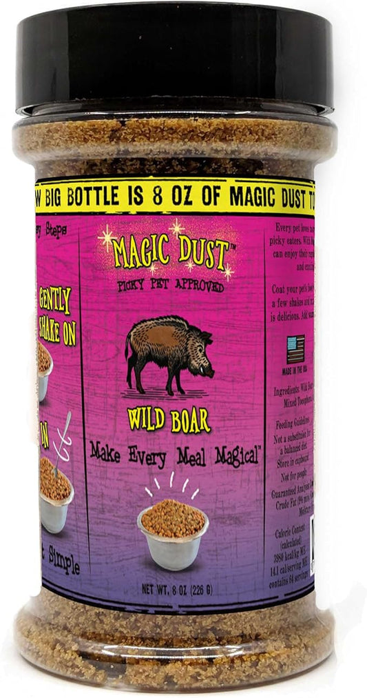 Wild Meadow Farms - Magic Dust Wild Boar Jerky Topper, Single Protein Pet Food Topper for Dogs & Cats, Enhance Flavor & Elevate Mealtime Excitement for Picky Eaters, Made in USA - 8 Ounce Bottle