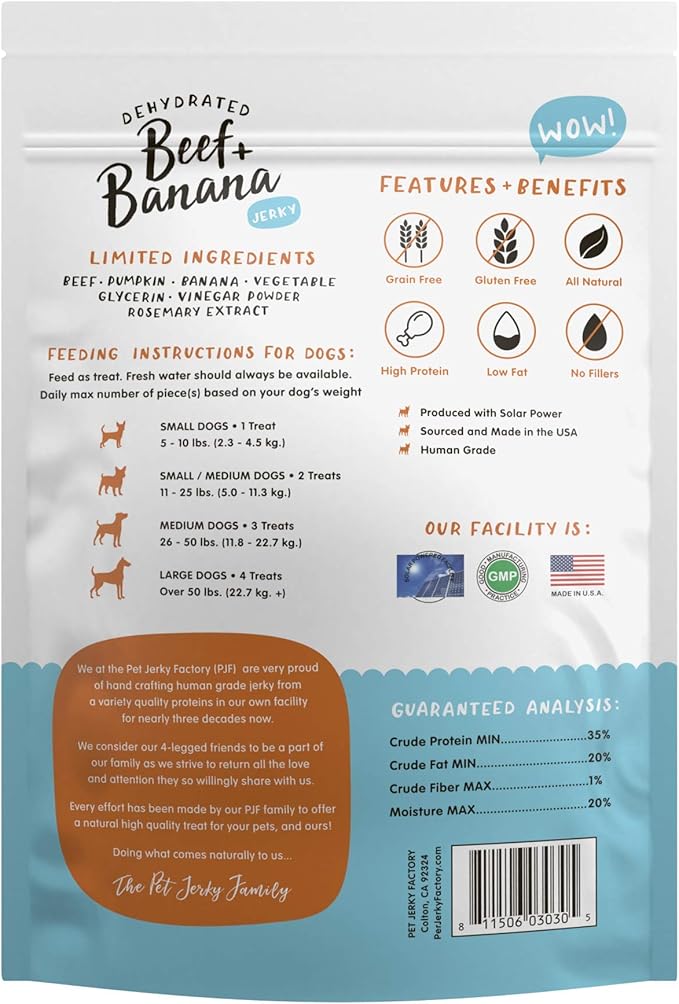 Premium Beef & Banana 5 oz. Dog Jerky Treats | 100% Human Grade | USA Made | High Protein | Grain Free | Limited Ingredients | No Filler | BHA-BHT Free | Soft-Tender