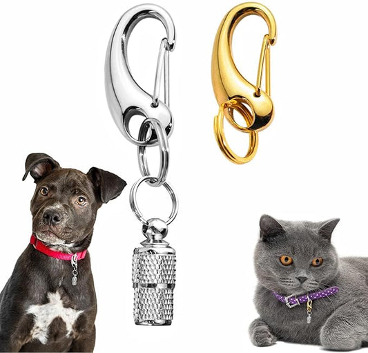 2 Pack Dog Tag Clips, Pet Tag Quick Clip with Anti-Lost Pet ID Tags Barrel Tube, Stainless Steel Easy Change Pet ID Tag Holder for Dog Cat Collars Harnesses, Gold & Silver