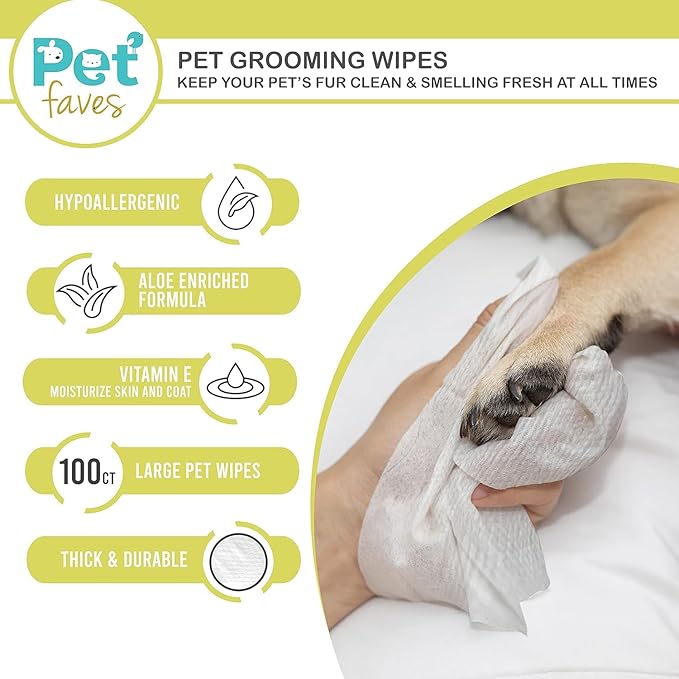 Pet Faves Dog Wipes for Cleaning and Deodorizing | Hypoallergenic Grooming Wipes for Paws and Butt, Clean Face & Body between Baths, Plant Based Natural Pet Wipes for Dogs and Puppy (100 Count)