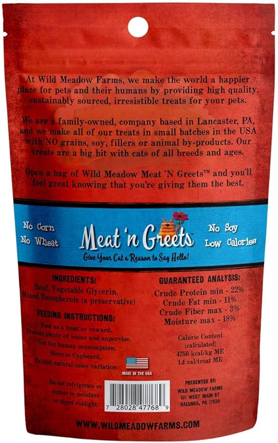 Wild Meadow Farms - Cat Treats - Meat 'N Greets - Soft Jerky Treats with Real Meat, High Protein, Grain-Free, Perfect for Training & Rewarding, All Natural Snacks for Cats - Beef Flavor