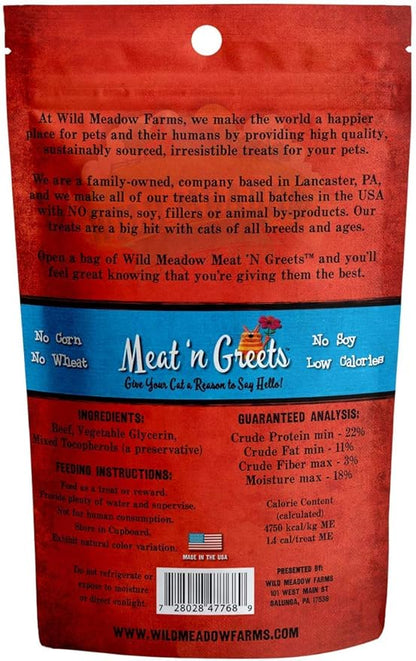 Wild Meadow Farms - Cat Treats - Meat 'N Greets - Soft Jerky Treats with Real Meat, High Protein, Grain-Free, Perfect for Training & Rewarding, All Natural Snacks for Cats - Beef Flavor