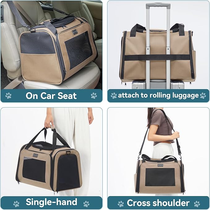 PETSFIT Pet Carrier for Cat, Dog Carrier for Small Dogs, Soft Cat Carrier Bag with Cozy Extendable Mat for Pets Under 25 Lbs (Large, Khaki)