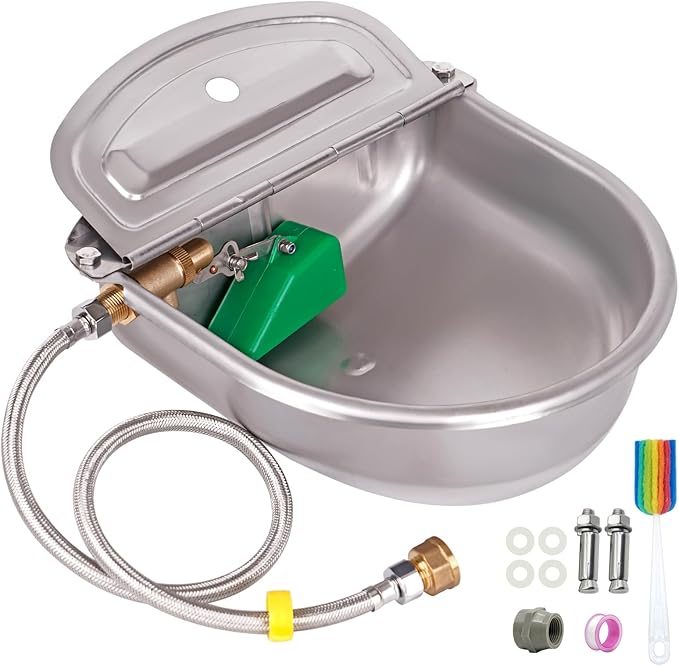 1 Gal Extra Large Automatic Horse Waterer Stainless Steel Dog Water Bowl Dispenser with Brass Float Valve Auto Fill Livestock Water Trough for Dogs Chicken Farm Animal