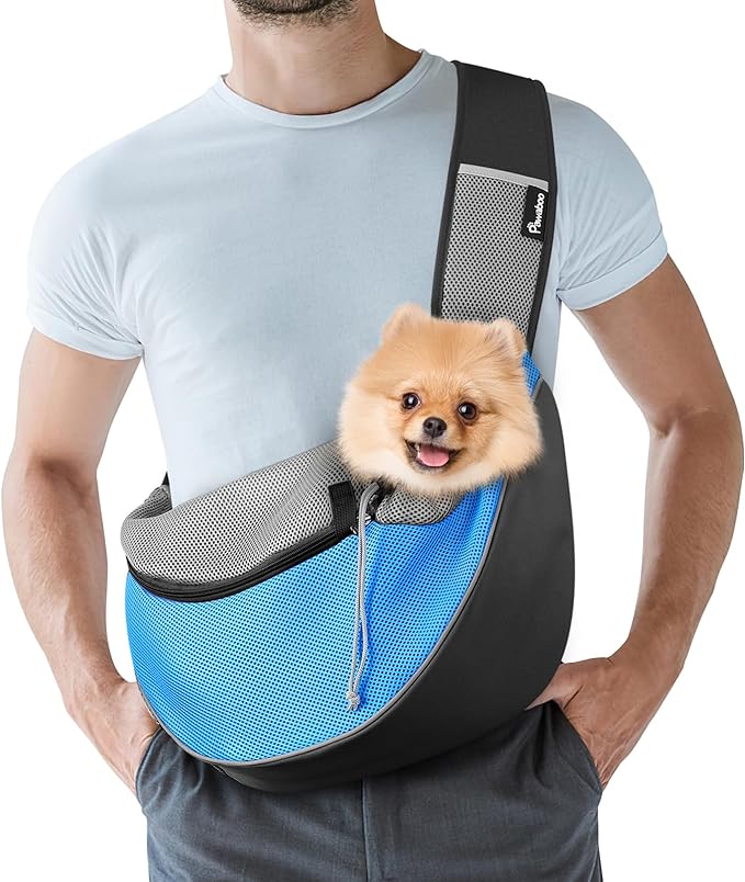 Pawaboo Pet Dog Sling Carrier, Hand Free Drawstring Dog Papoose with Adjustable Strap, Breathable Mesh Bag for Puppy Cat, Crossbody Satchel Dog Purse with Pocket for Outdoor Travel, Light Blue, Large