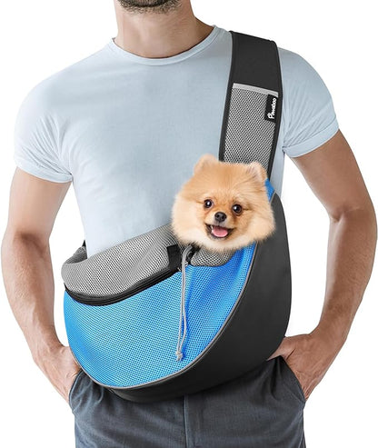 Pawaboo Pet Dog Sling Carrier, Hand Free Drawstring Dog Papoose with Adjustable Strap, Breathable Mesh Bag for Puppy Cat, Crossbody Satchel Dog Purse with Pocket for Outdoor Travel, Light Blue, Large