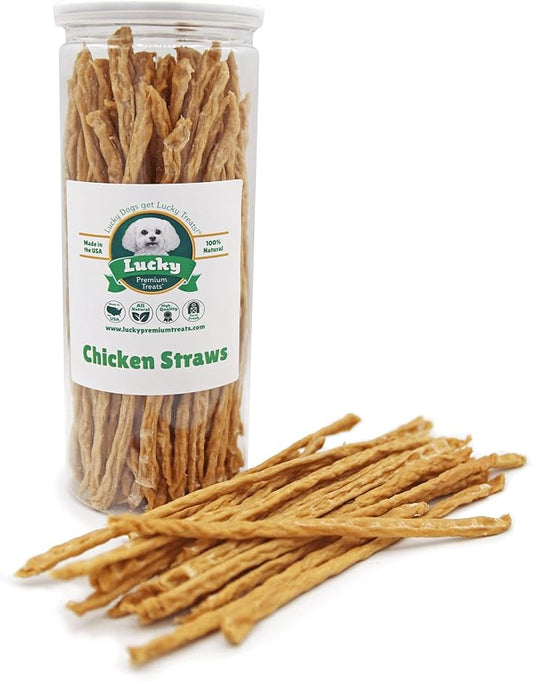 Lucky Premium Treats Chicken Straw Dog Treats – USA Made Single Ingredient Chicken Jerky for Dogs – All Natural Jerky Treat – 7 oz Jar