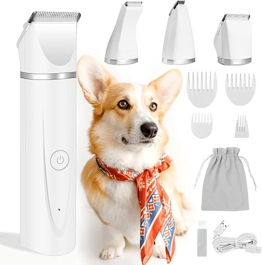 FERRISA Dog Clippers for Grooming, Small Dog Clipper Dog Grooming Kit with 4 Blade Heads, Low Noise Dog Grooming kit for Dogs Hair, Dog Clippers of Eyes, Ears, Face, Rump
