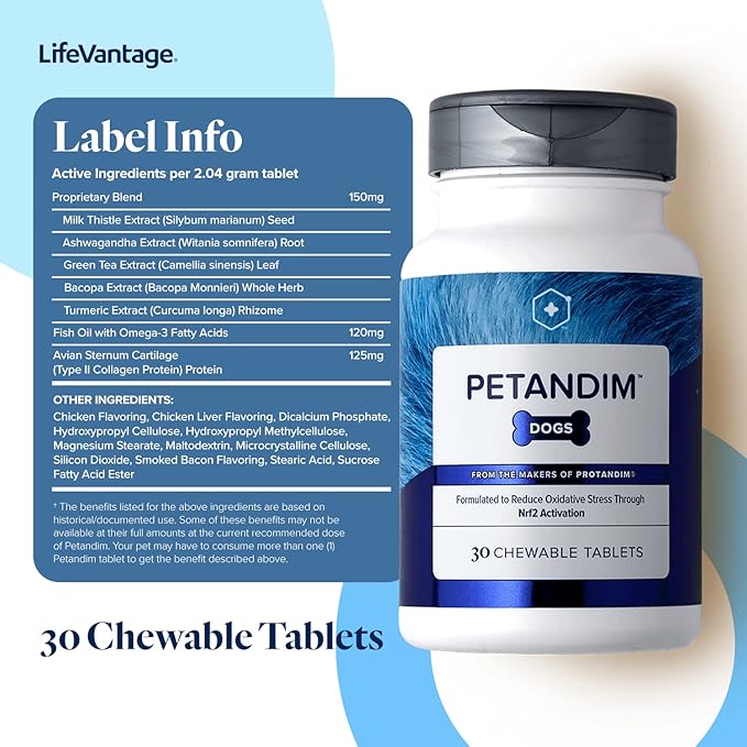 Petandim Dog Vitamins, 30 Chewable Tablets, Reduce Oxidative Stress, Joint Supplement for Dogs, Dog Skin and Coat Supplement, Vitamin for Dogs in a Bacon, Chicken, and Liver Flavored Chewable Tablet