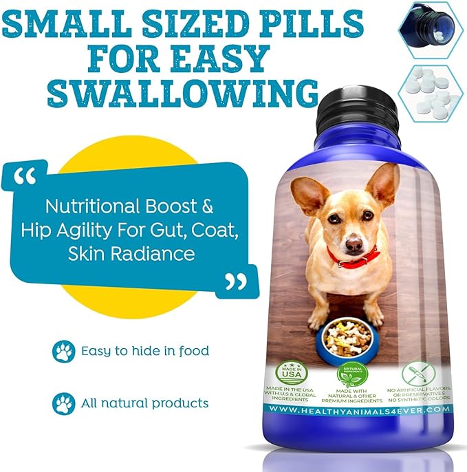 Healthy Animals 4Ever Nutritional Boost & Hip Agility for Gut, Coat, Skin Radiance | Extra Strong Ingredients | Fast Acting Formula | Completely Safe & Natural | 300 Tablets