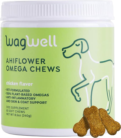 Ahiflower Omega Oil Dog Chews - Vet-Formulated Skin, Coat, Hip and Joint Chews for Dogs - Plant-Based Omega 3, 6 and 9 Supplement - Natural Chicken-Flavored Dog Omega Oil Bites, 60 Soft Chews