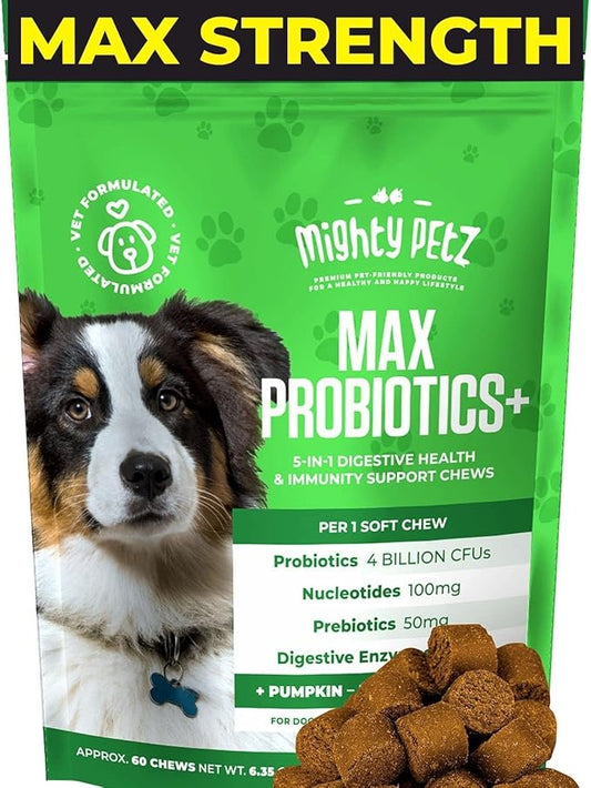 Mighty Petz MAX 5-in-1 Probiotics for Dogs - 4 Billion CFUs Probiotic Chews for Dogs and Digestive Enzymes + Prebiotic + Fiber. Gut Health, Anti Diarrhea, Allergy & Immunity Support