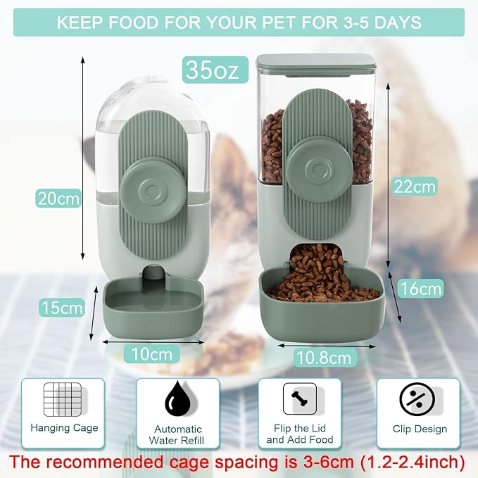 Hanging Automatic Food Water Dispenser,Gravity Rabbit Feeder Water Dispenser Set,Cage Cat Water Dispenser,Food Bowl for Bunny Guinea Pig Ferret Water Dispenser (Cage Grid Spacing Over 1.2'')