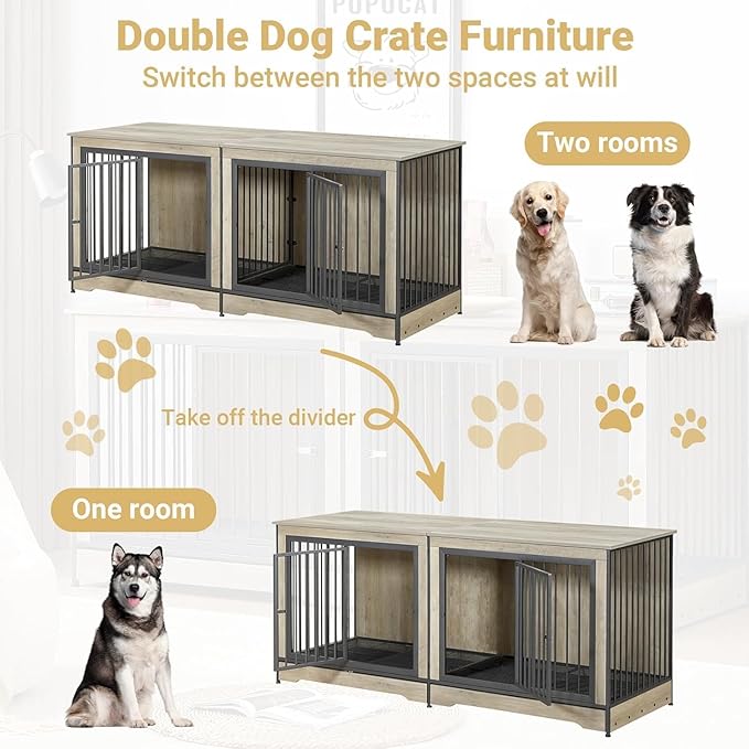75'' Double Dog Crate Furniture for 2 Large Dogs, Heavy Duty Dog Crate, Furniture Style Dog Crate End Table, Wood Crates for Dogs Kennel Indoor, Decorative Dog Crate with Double Door, Grey