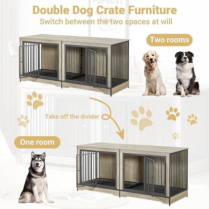 75'' Double Dog Crate Furniture for 2 Large Dogs, Heavy Duty Dog Crate, Furniture Style Dog Crate End Table, Wood Crates for Dogs Kennel Indoor, Decorative Dog Crate with Double Door, Grey