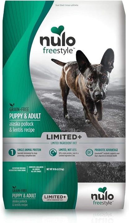 Nulo Puppy & Adult Freestyle Limited Plus Dry Dog Food: All Natural Ingredient Diet For Digestive & Immune Health - Allergy Sensitive Non Gmo (Alaska Pollock & Lentils Recipe - 10 Lb Bag) (51LW10)
