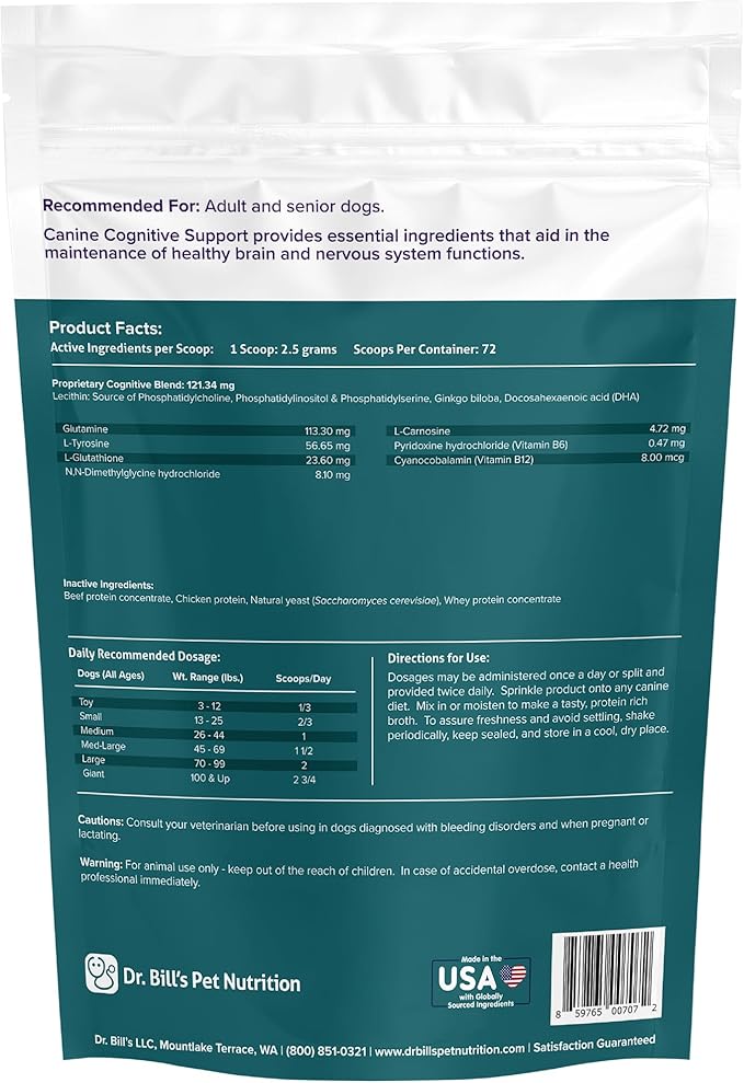 Dr. Bill’s Canine Cognitive Support | Memory Support Supplement Multivitamin for Dogs | Contains Gingko Biloba, L-Carnosine, Vitamin B-12, L-Glutamine, L-Tyrosine, and DHA for Adult and Senior Dog