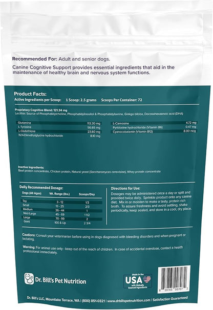 Dr. Bill’s Canine Cognitive Support | Memory Support Supplement Multivitamin for Dogs | Contains Gingko Biloba, L-Carnosine, Vitamin B-12, L-Glutamine, L-Tyrosine, and DHA for Adult and Senior Dog