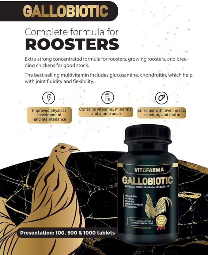 Gallobiotic Natural Multivitamin for Rooster, Hens - 100 Tablets | Vitamina Completas para Gallos