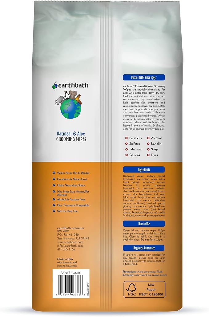earthbath, Oatmeal & Aloe Grooming Wipes - Dog Wipes for Paws and Butt, Best Pet Wipes for Dogs & Cats, Helps Relieve Itchy & Dry Skin, Made in USA, Cruelty-Free - Vanilla & Almond 100 Count (1 Pack)