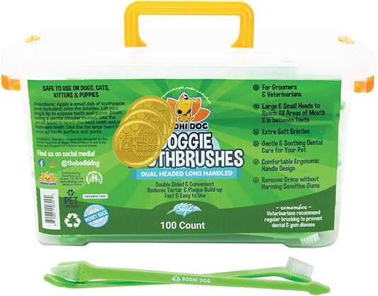 Bodhi Dog Dual-Headed Long Dog & Cat Toothbrush | Puppy Toothbrush with Soft Bristles for Pet Dental Care | Easy Teeth Cleaning Dog Toothbrush, 100 Count