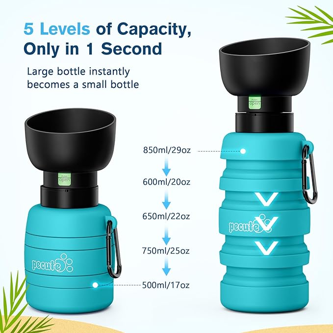 Pecute Dog Water Bottle Portable, 29oz Dog Foldable Water Bottle with Folding Bowl, Carabiner Clip, 5 Levels Capacity, 100% Food Grade Silicone, Dog Water Bottle for Outdoor Walking, Hiking, Travel