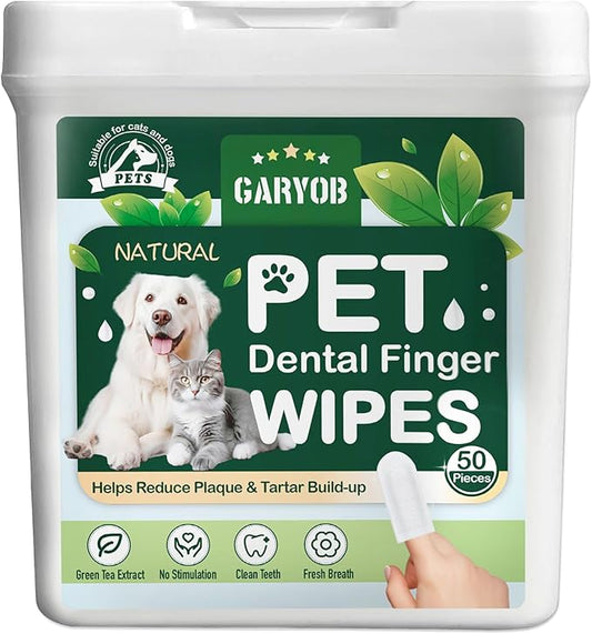 Pet Teeth Cleansing Finger Wipes for Dogs and Cats, Disposable No-Rinse Dog Finger Toothbrush Oral Cleansing Wipes, Reduces Plaque and Freshens Breath Dog Cat Dental Care Finger Wipes, 50 Counts