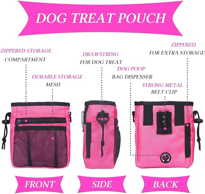 4-in-1 Dog Training Set, Puppy Training Treats- Dog Treat Training Pouch, Dog Whistle, Dog Doorbells, Dog Clicker, Ideal Gift for First Time Pet Owners, Training Dog Owners (Pink)
