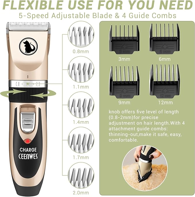Ceenwes Dog Clippers Low Noise Cat Clippers Rechargeable Dog Trimmer Cordless Pet Grooming Tool Professional Dog Hair Trimmer with Comb Guides Scissors for Dogs Cats & Others