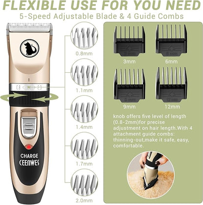 Ceenwes Dog Clippers Low Noise Cat Clippers Rechargeable Dog Trimmer Cordless Pet Grooming Tool Professional Dog Hair Trimmer with Comb Guides Scissors for Dogs Cats & Others