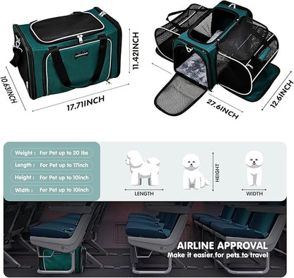 Cat Carrier, Pet Carrier Airline Approved, 2 Sides Expandable Dog Carrier, Soft-Sided Collapsible Dog Travel Bag with Removable Fleece Pad for Cats, Puppy and Small Animals (Green)