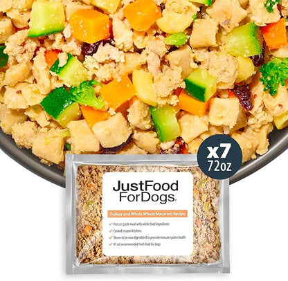 JustFoodForDogs Frozen Fresh Dog Food, Complete Meal or Dog Food Topper, Turkey & Whole Wheat Macaroni Human Grade Dog Food Recipe, 72 oz (Pack of 7)