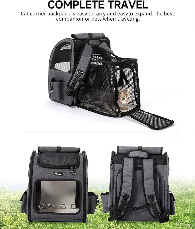 HOOPET Cat Backpack Carrier, Small and Medium Dogs and Cats Bags,Expandable Pet Carrier Backpack,Airline Approved,Suitable for Hiking/Travel/Camping, Etc, Foldable, Easy to Carry (Grey-02)