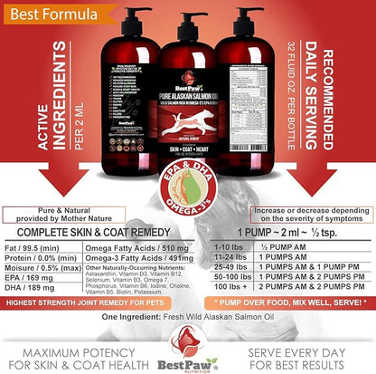 Pure Wild Alaskan Salmon Oil for Dogs & Cats Skin and Coat - Fish Oil Liquid with Pump - Supports Joint Function, Immune & Heart Health - Omega 3 Liquid Food Supplement - All Natural EPA + DHA - 32oz